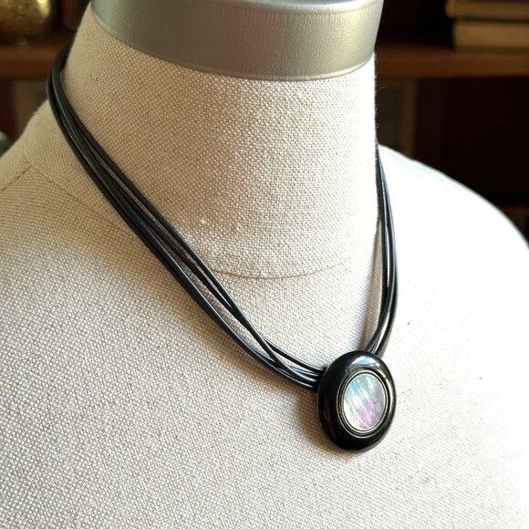 Iridescent Cabochon Necklace, Black Leather Cord - Picture 4 of 8